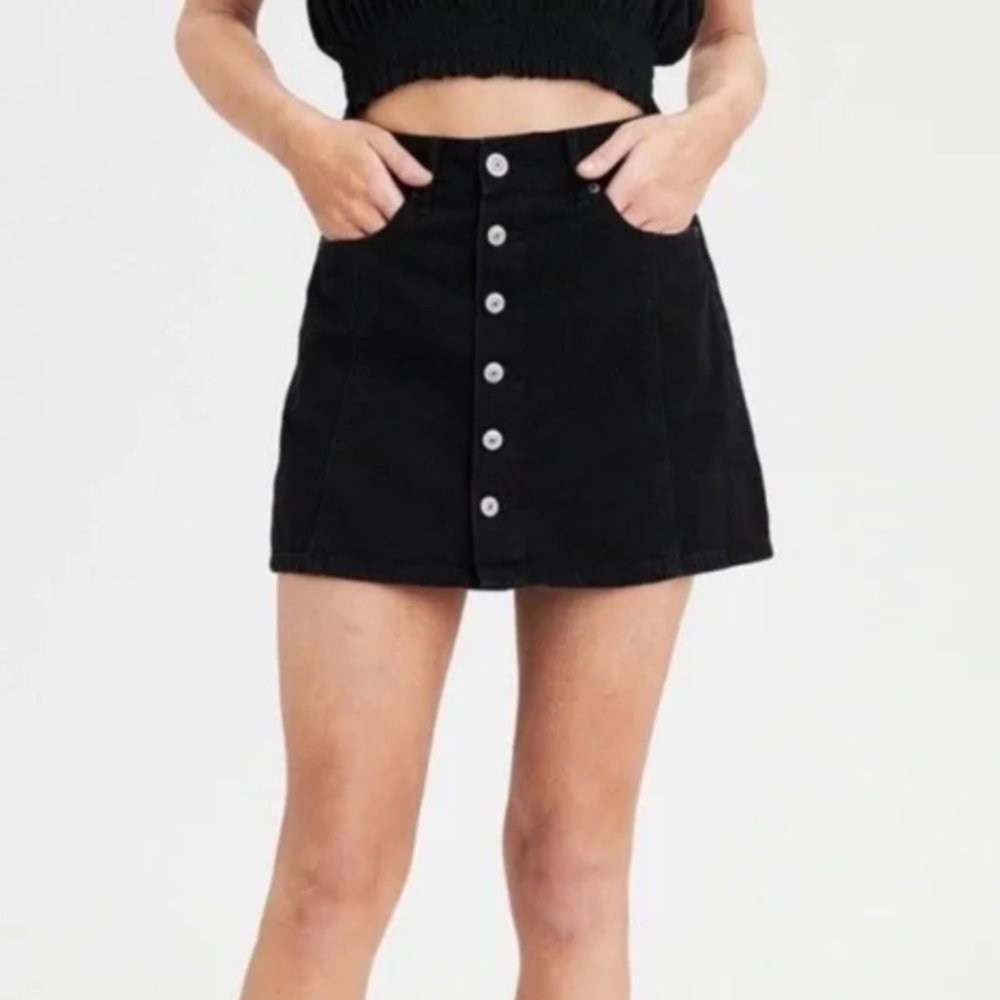 AE Washed Black Button Front Denim Skirt Size 16